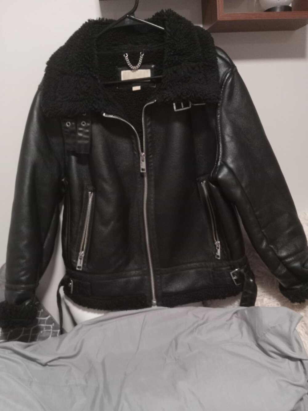 Michael Kors Faux Leather Shearling Moto Aviator Jacket
